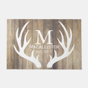 Farm Elegant White Deer Buck Antlers & Rustic Wood Doormat