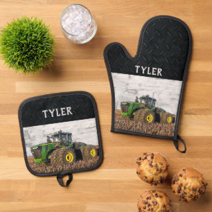 Farm Equipment Tractor Name Farmer Tillage Oven Mitt & Pot Holder Set