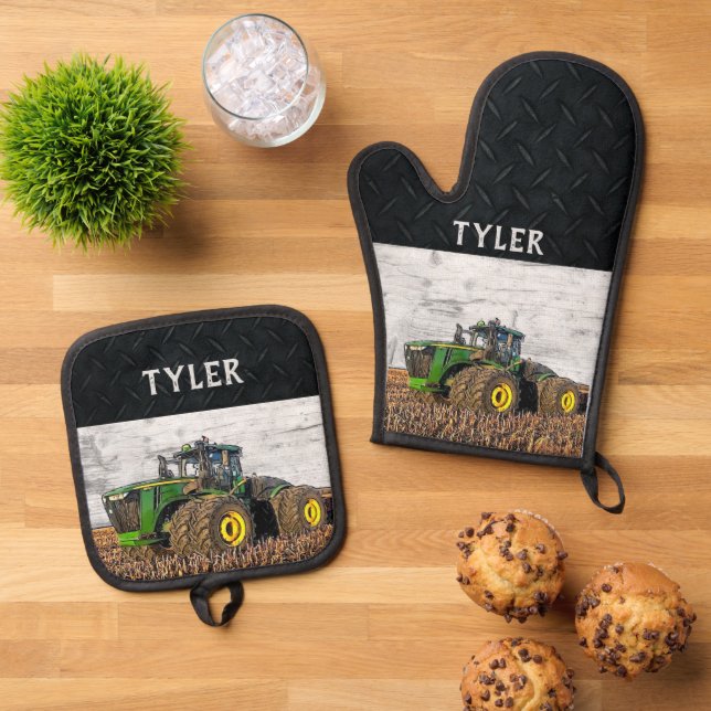 Farm Equipment Tractor Name Farmer Tillage Oven Mitt & Pot Holder Set (Top Down)