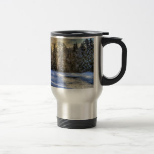 Farm Field in Winter Snow at Sunrise Travel Mug