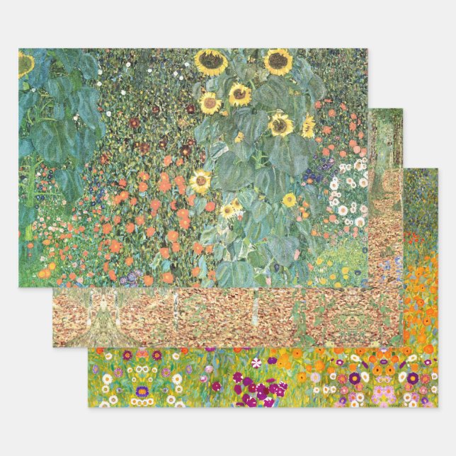 Farm & Flower Garden & Birch by Gustav Klimt Wrapping Paper Sheet (Set)
