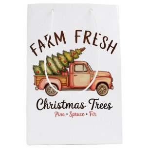Farm Fresh Christmas Tree Pink Truck Xmas Vintage Medium Gift Bag