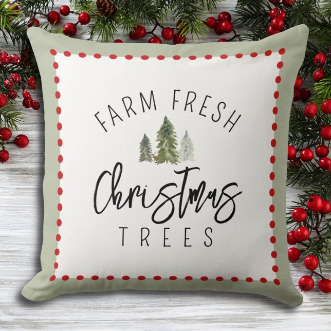 Farm Fresh Christmas Trees Green Red Watercolor Throw Pillow (Creator Uploaded)