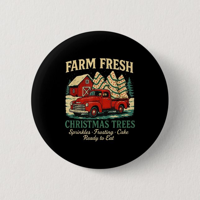 Farm Fresh Debbie Christmas Cake Retro Red Truck H 2 Inch Round Button (Front)