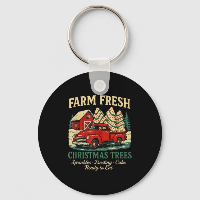 Farm Fresh Debbie Christmas Cake Retro Red Truck H Keychain (Front)