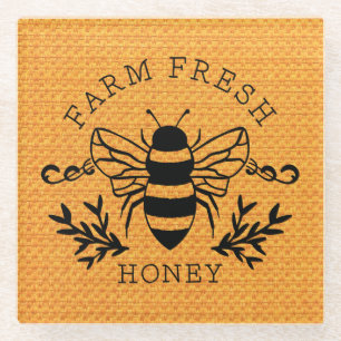 Farm Fresh Honey Bee Botanical Vintage Design Glass Coaster