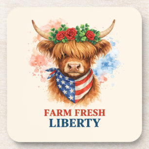 Farm Fresh Liberty Highland Cow Patriotic USA Art Coaster