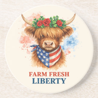 Farm Fresh Liberty Highland Cow Patriotic USA Art Coaster