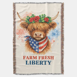 Farm Fresh Liberty Highland Cow Patriotic USA Art Throw Blanket