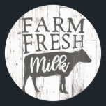 Farm Fresh Milk Cow White Wood Country Farmhouse Classic Round Sticker<br><div class="desc">Matching items available.</div>