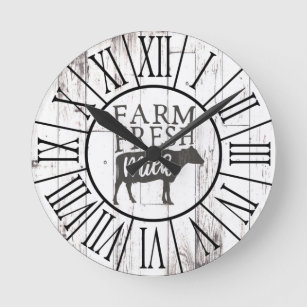 Farm Fresh Milk Cow White Wood Country Farmhouse Round Clock