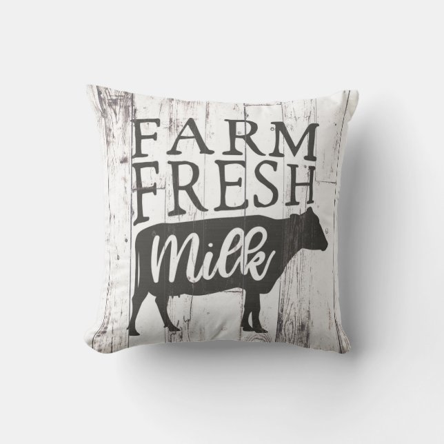 Farm Fresh Milk Cow White Wood Country Farmhouse Throw Pillow (Front)