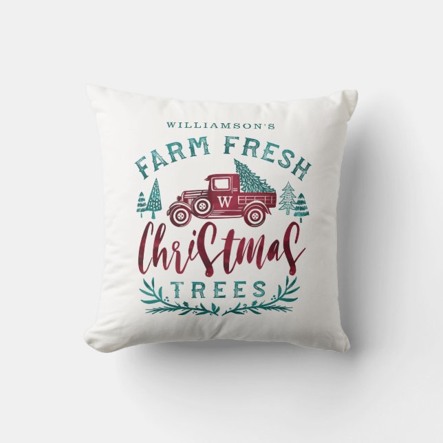 Farm Fresh Old Red Truck Christmas Tree Delivery Throw Pillow (Front)