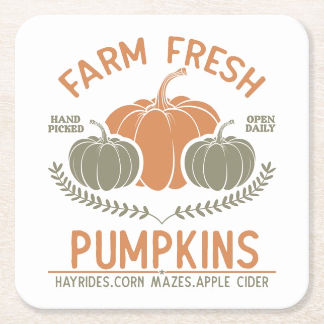 Farm Fresh Pumpkins | Hand Picked Square Paper Coaster (Front)