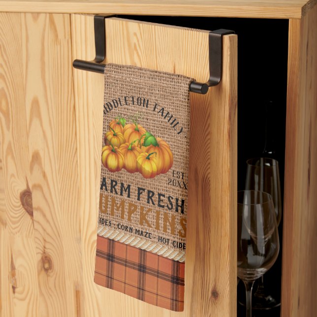 Farm Fresh Pumpkins in a Rustic and Plaid Kitchen Towel (Thirds Fold)