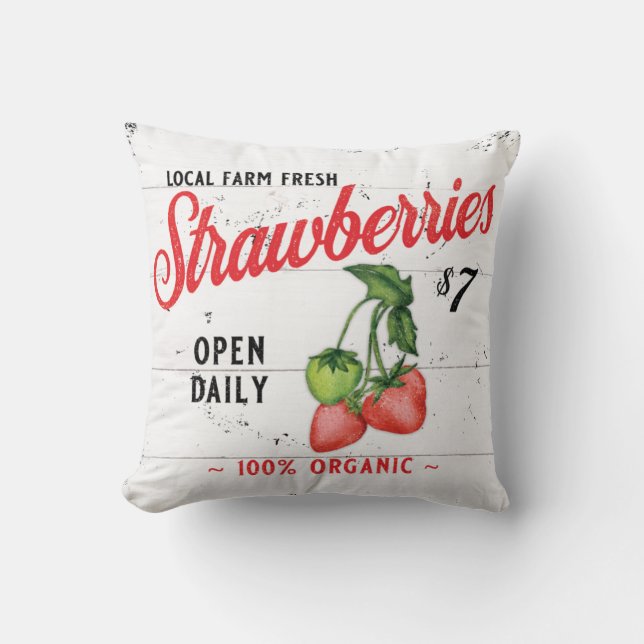 FARM FRESH STRAWBERRIES FARMHOUSE DECOR STRAWBERRY THROW PILLOW (Front)