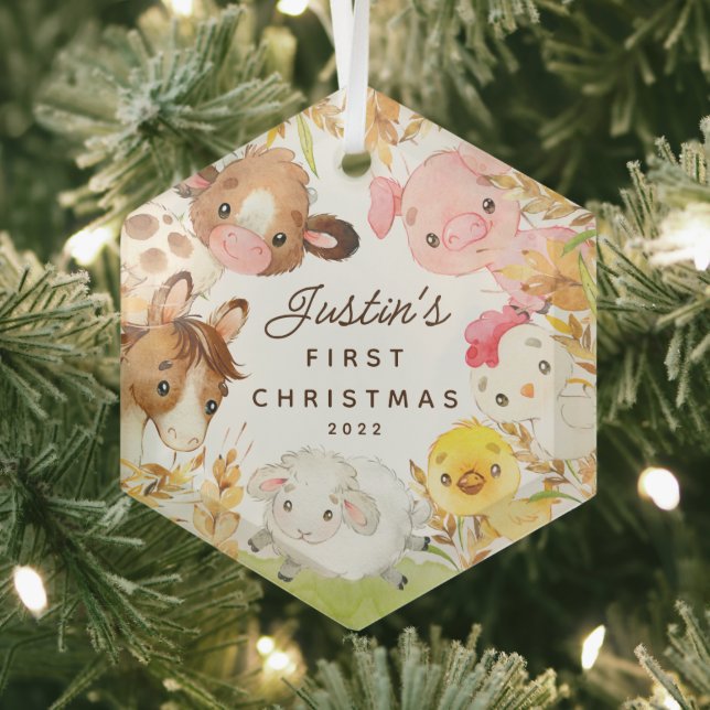 Farm Friends Baby's First Christmas Glass Ornament (Insitu)