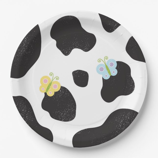 Farm Friends Cow Print Birthday Party Paper Plate (Front)