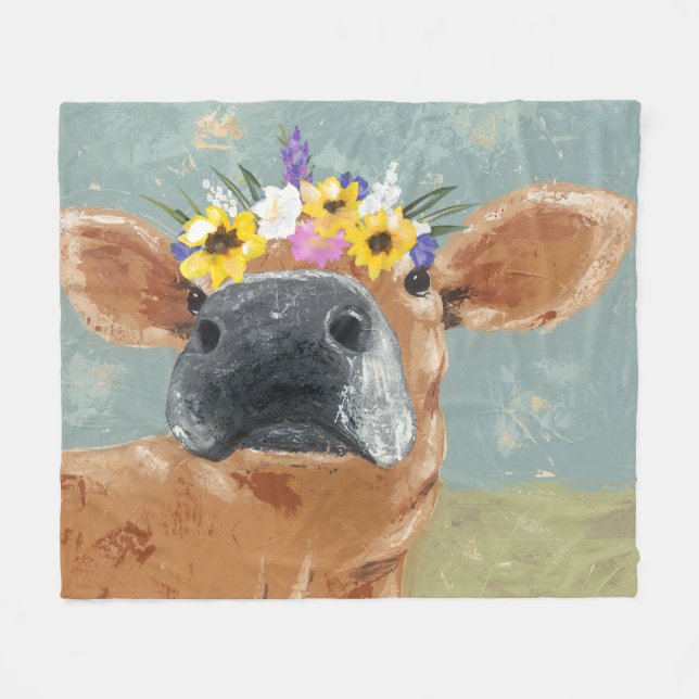 Farm Fun - Cow with Flower Crown Fleece Blanket (Front (Horizontal))