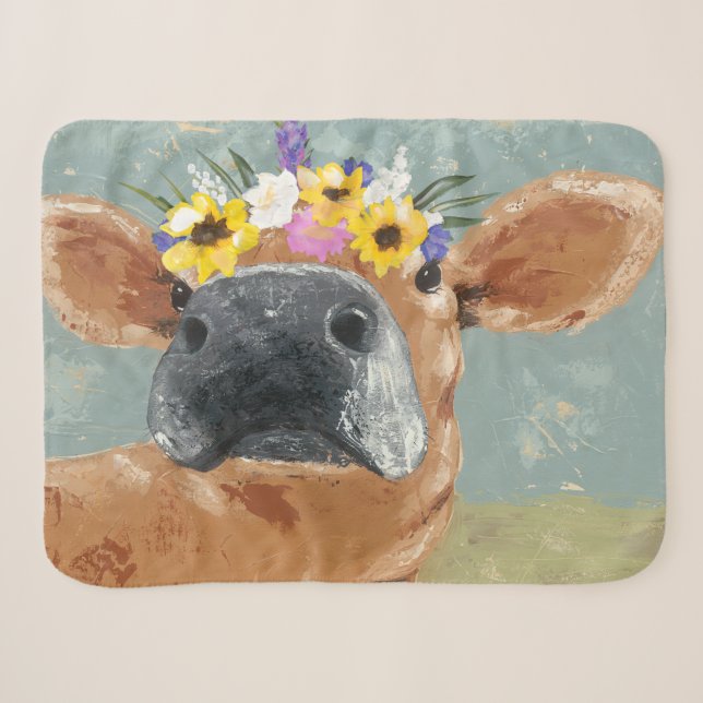 Farm Fun - Cow with Flower Crown Sherpa Blanket (Front (Horizontal))