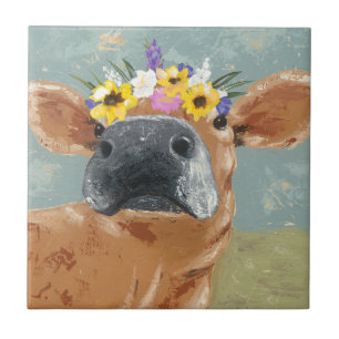 Farm Fun - Cow with Flower Crown Tile