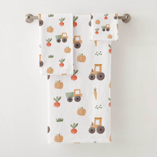 Farm Garden Watercolor Fun Pattern Bath Towel Set (Insitu)