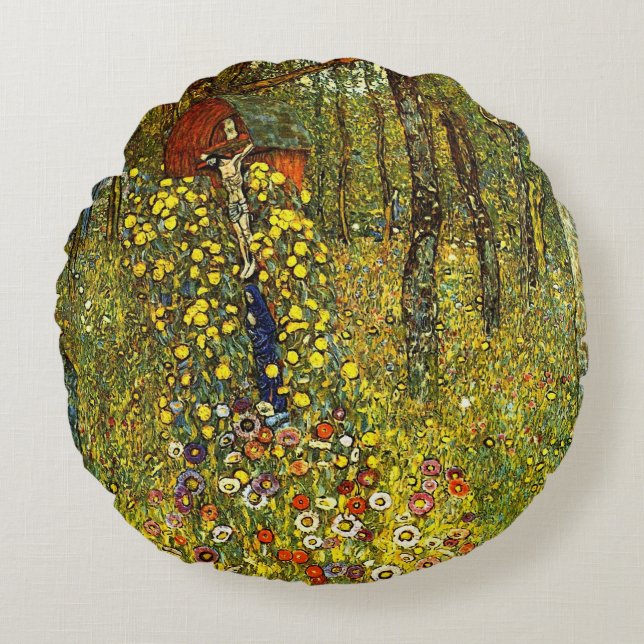 Farm Garden with Crucifix by Gustav Klimt Round Pillow (Front)