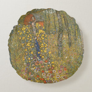 Farm Garden With Crucifix (by Gustav Klimt) Round Pillow