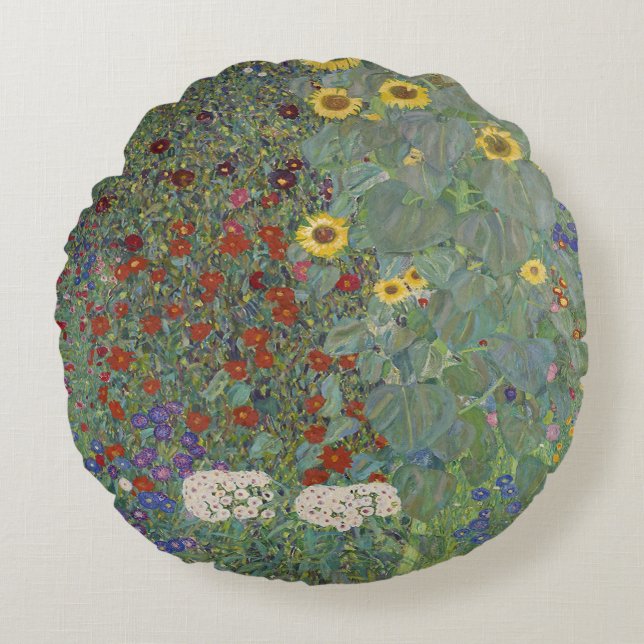 Farm Garden with Sunflowers by Gustav Klimt Round Pillow (Front)