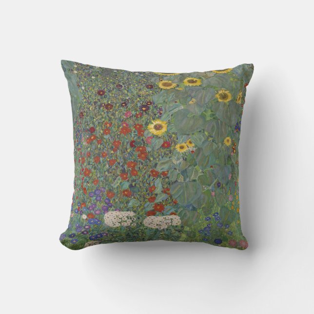 Farm Garden with Sunflowers by Gustav Klimt Throw Pillow (Front)