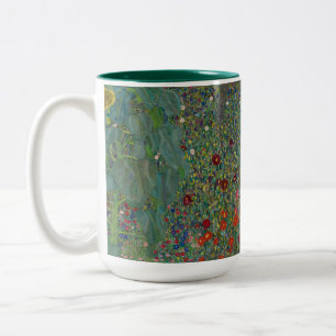Farm Garden with Sunflowers by Gustav Klimt Two-Tone Coffee Mug