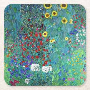 Farm Garden with Sunflowers, Gustav Klimt Square Paper Coaster