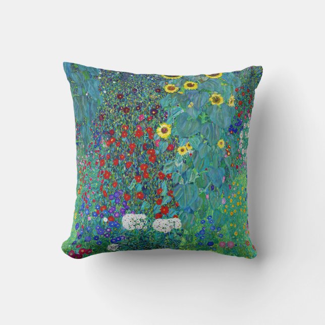 Farm Garden with Sunflowers, Gustav Klimt Throw Pillow (Front)