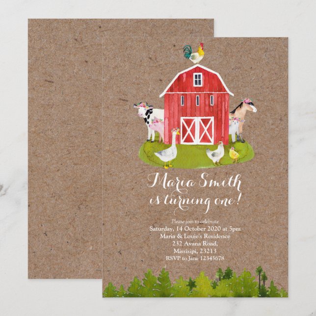 Farm Girl 1st Birthday Invitation (Front/Back)