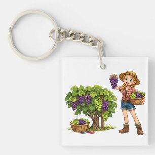 Farm girl picking grapes, vineyard harvest art keychain