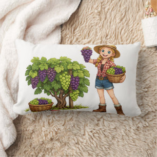 Farm girl picking grapes, vineyard harvest art lumbar pillow
