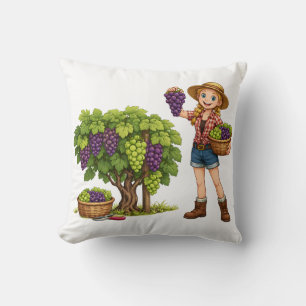 Farm girl picking grapes, vineyard harvest art throw pillow