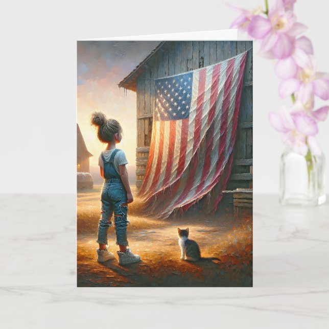 Farm Girl With American Flag Birthday Card (Orchid)