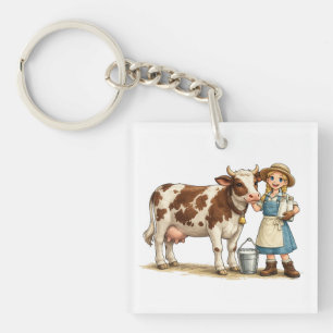 Farm girl with cow, cute dairy country art keychain