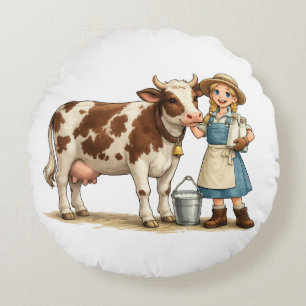 Farm girl with cow, cute dairy country art round pillow
