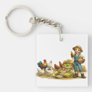 Farm girl with eggs, cute rustic country art keychain