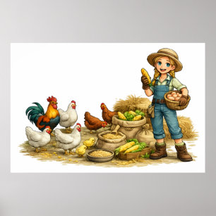 Farm girl with eggs, cute rustic country art poster