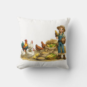 Farm girl with eggs, cute rustic country art throw pillow