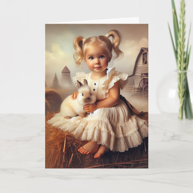 Farm Girl With Pet Rabbit Card (Front)