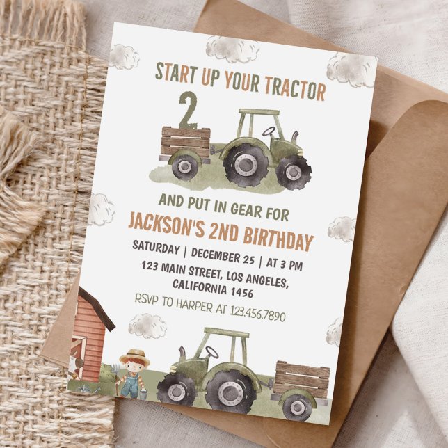 Farm Green Tractor 2nd Birthday Invitation (Creator Uploaded)