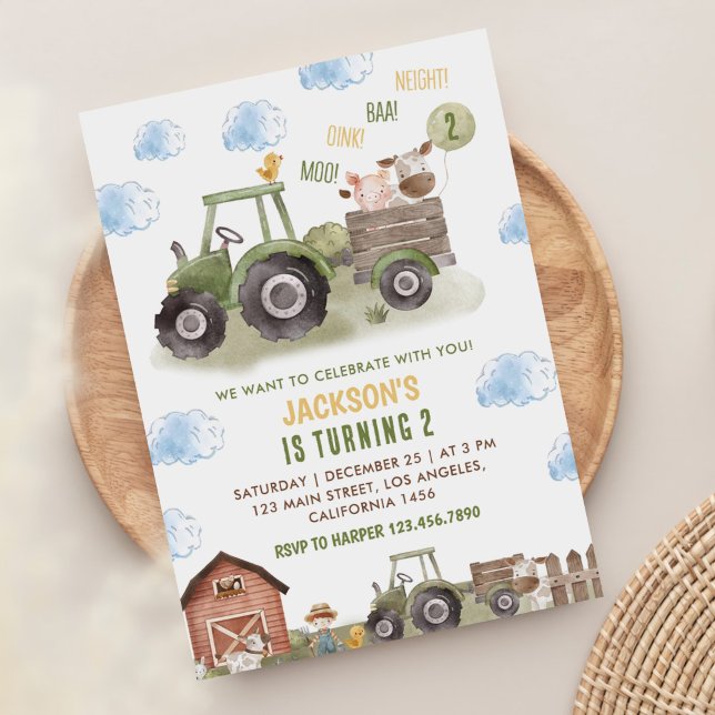 Farm Green Tractor 2nd Birthday Party Invitation (Creator Uploaded)