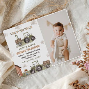 Farm Green Tractor 2nd Birthday Photo Invitation