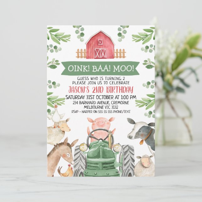 Farm Green Tractor Oink Baa Moo 2nd Birthday Invitation (Standing Front)