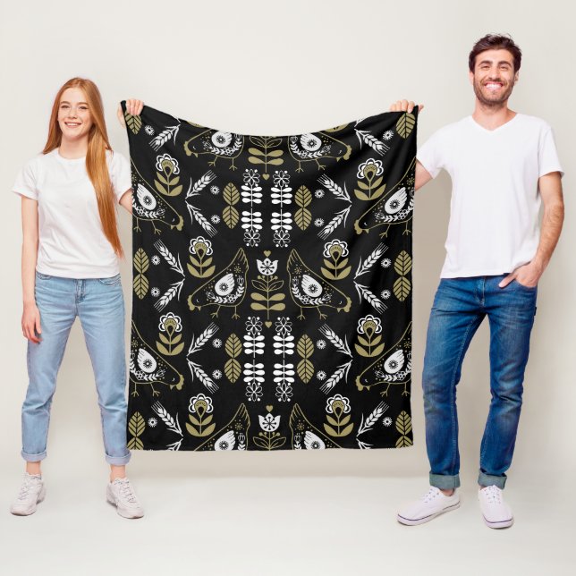 Farm Hen Folk Art Print Fleece Blanket (In Situ)