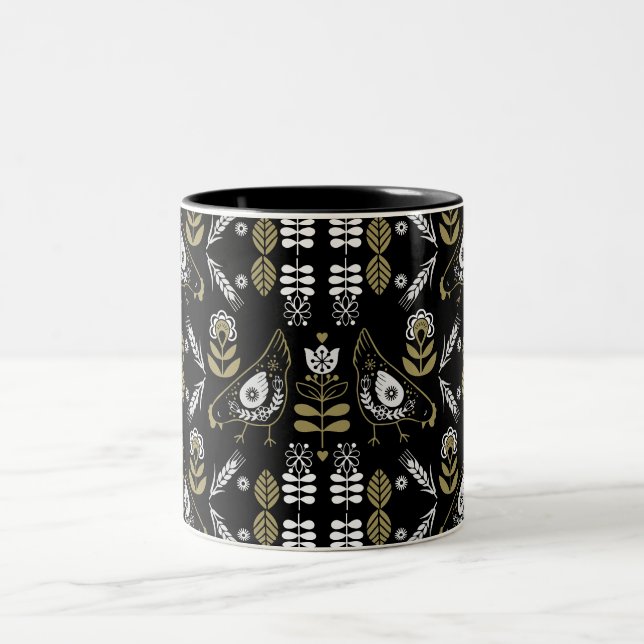 Farm Hen Folk Art Print Two-Tone Coffee Mug (Center)